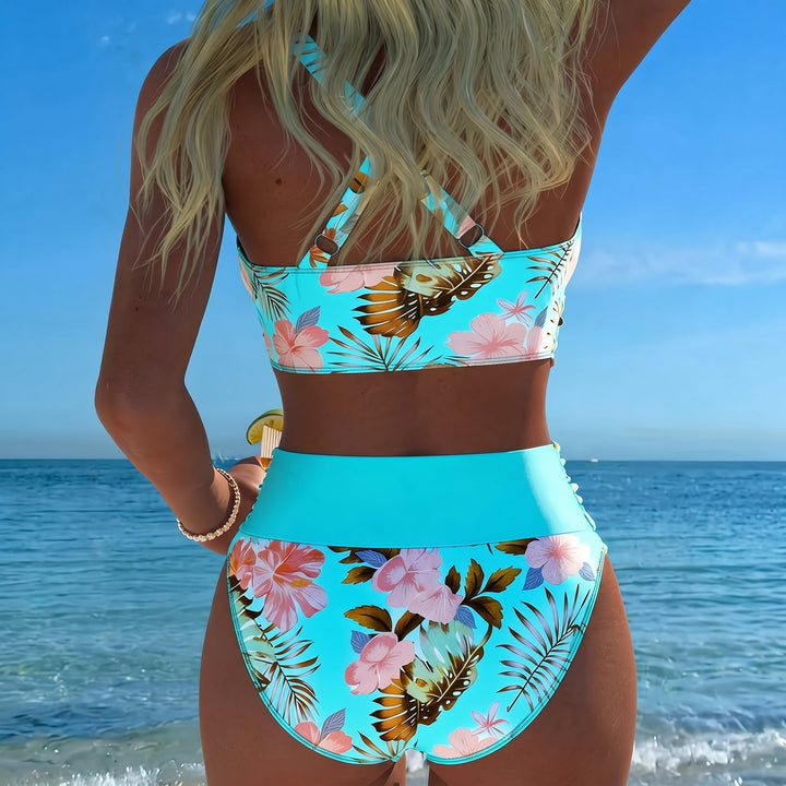 Maya - Women's Floral Wrap High Waisted Bikini Set - Split Bikini - Blue - Davies & Cooper
