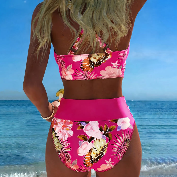 Maya - Women's Floral Wrap High Waisted Bikini Set - Split Bikini - Rose Red - Davies & Cooper