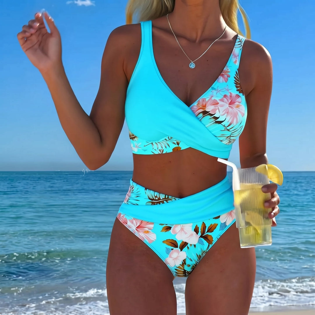 Maya - Women's Floral Wrap High Waisted Bikini Set - Split Bikini - Blue - Davies & Cooper