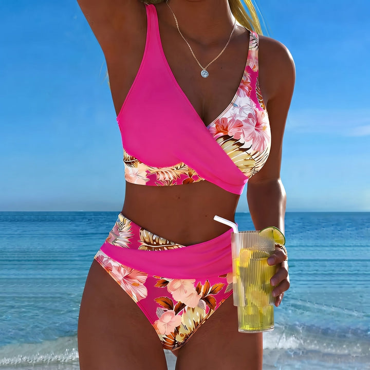 Maya - Women's Floral Wrap High Waisted Bikini Set - Split Bikini - Rose Red - Davies & Cooper