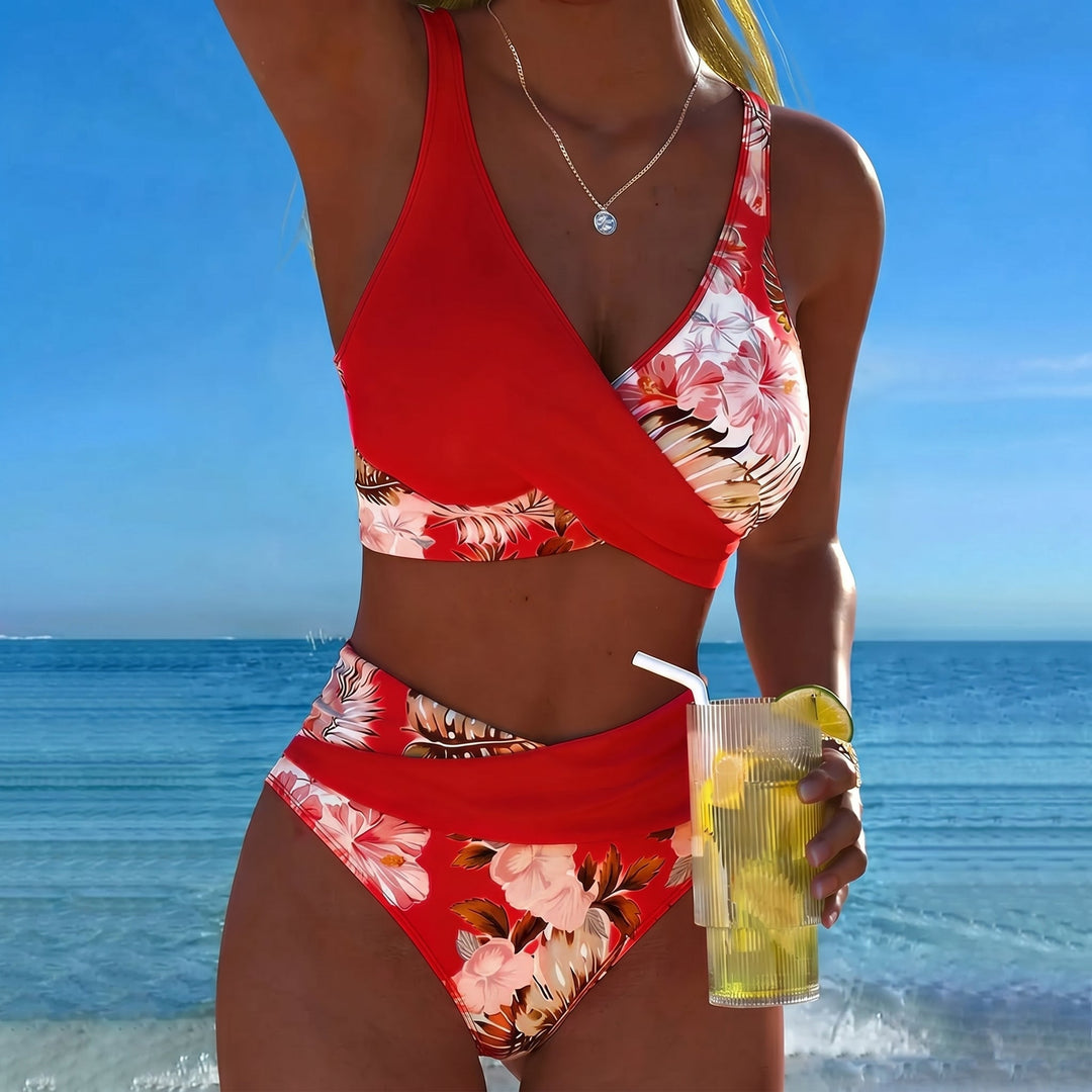 Maya - Women's Floral Wrap High Waisted Bikini Set - Split Bikini - Red - Davies & Cooper