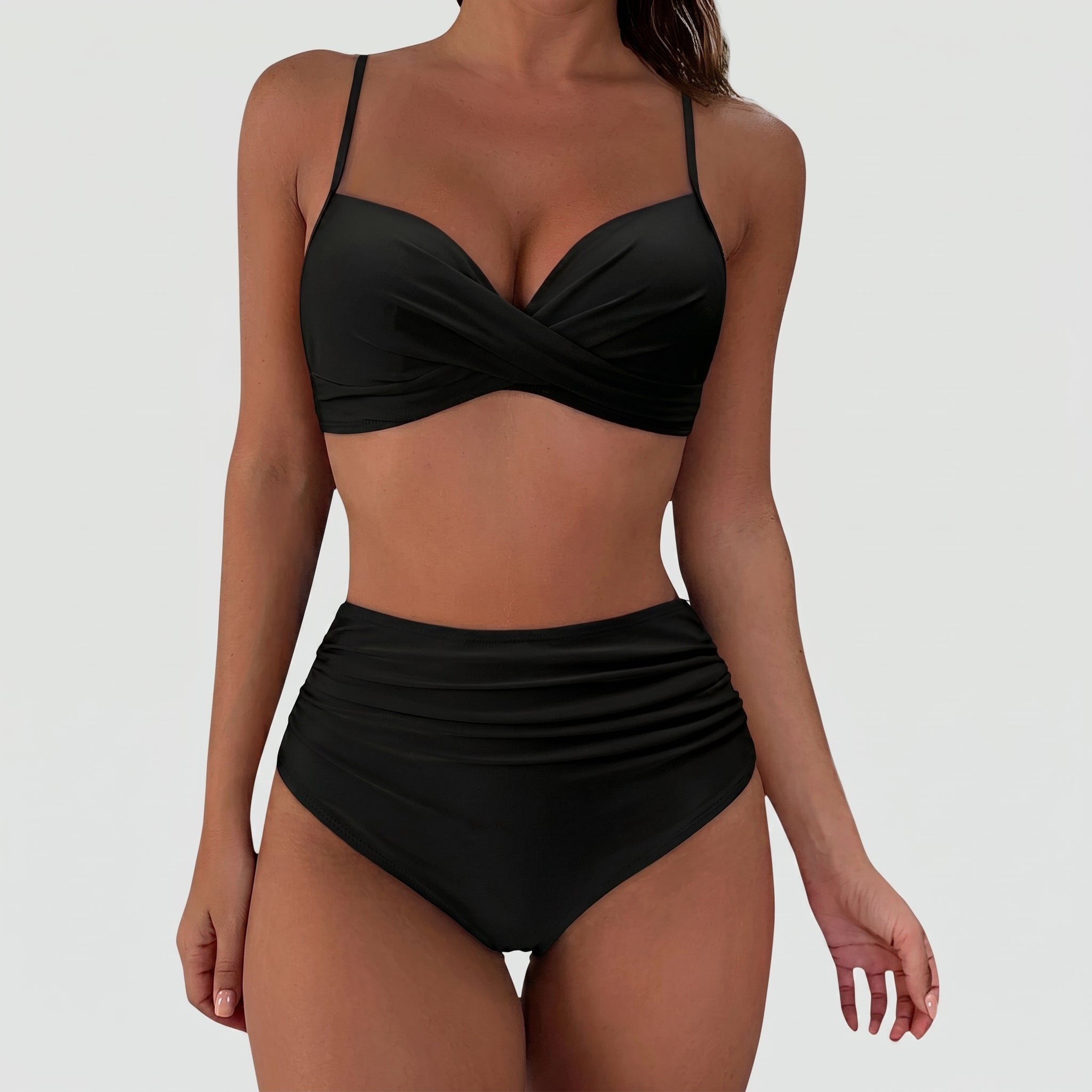 Maya - Women's Summer High-Waisted Ruched Bikini Set - Bikini - Black - Davies & Cooper