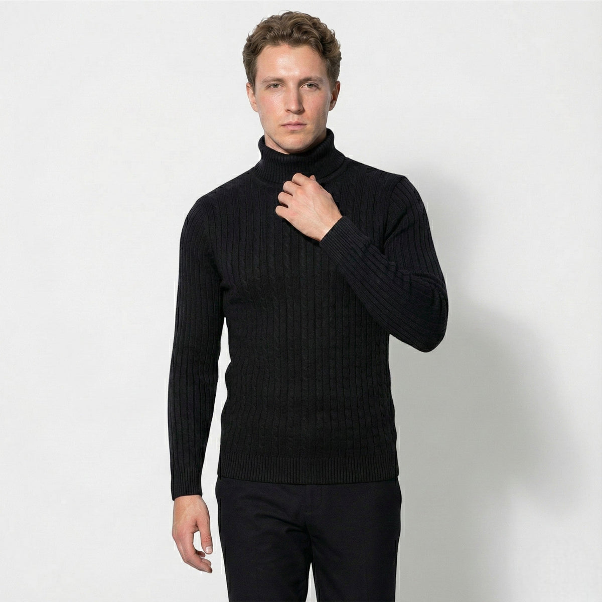 Men's Cable Knit Turtleneck Sweater - Sweaters - Black - Davies & Cooper