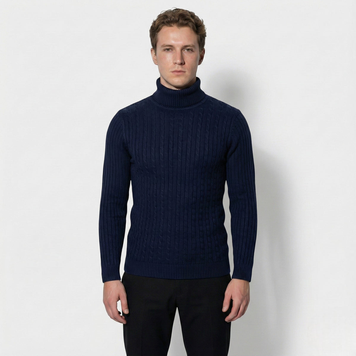 Men's Cable Knit Turtleneck Sweater - Sweaters - Navy Blue - Davies & Cooper