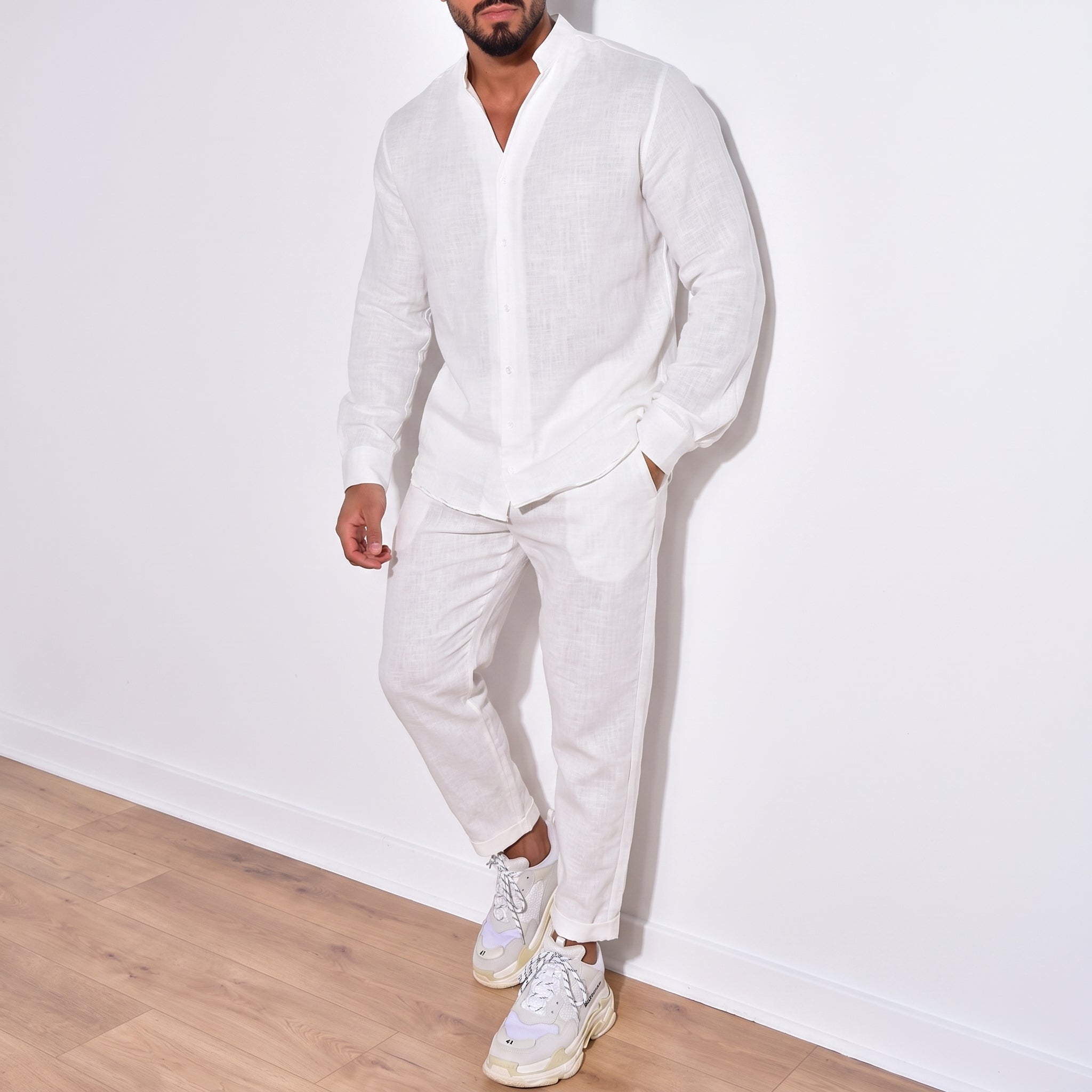 Miles - Men's Summer Open Collar Tapered Trouser Co-ord Set - Outfit Sets - White - Davies & Cooper