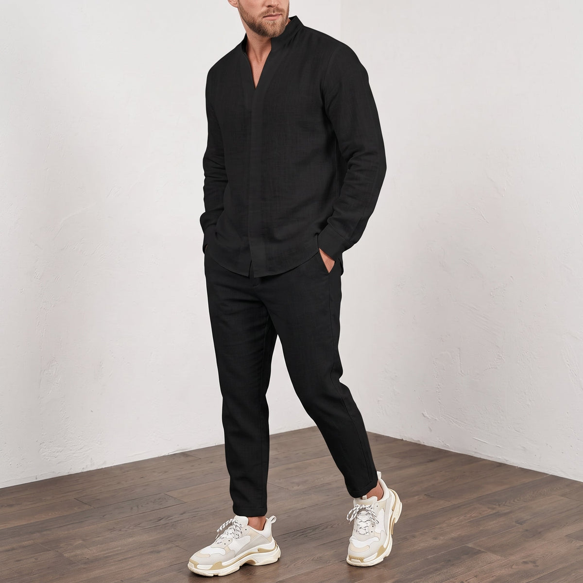 Miles - Men's Summer Open Collar Tapered Trouser Co-ord Set - Outfit Sets - Black - Davies & Cooper