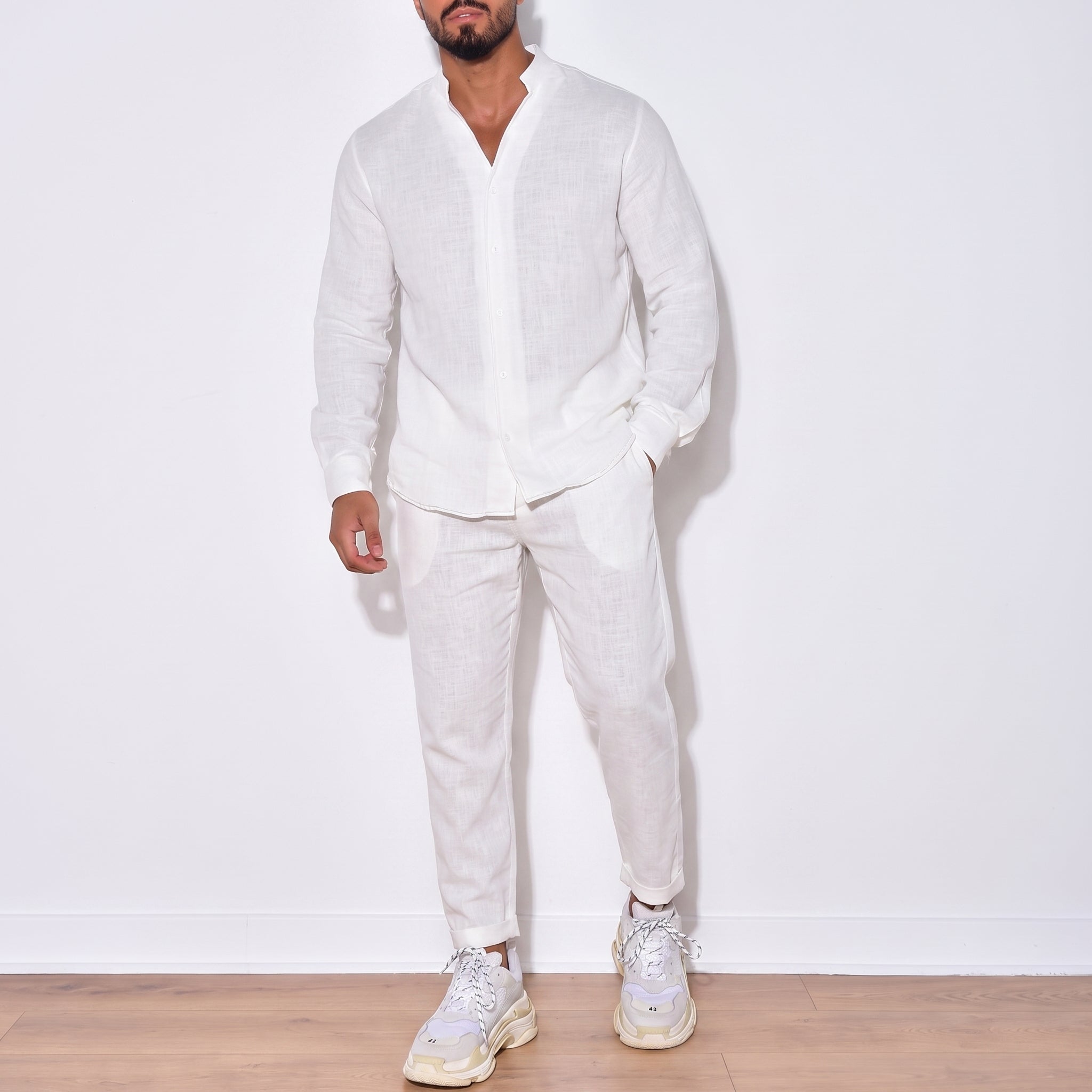Miles - Men's Summer Open Collar Tapered Trouser Co-ord Set - Outfit Sets - White - Davies & Cooper