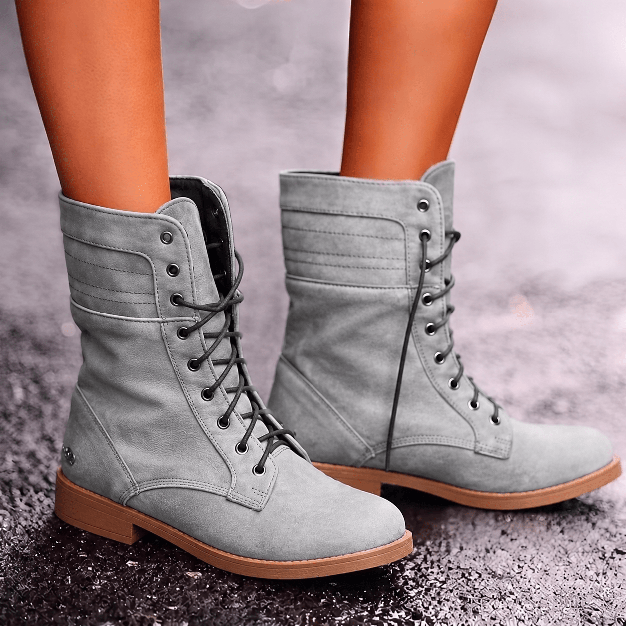 Millie - Women's Lace-Up Mid-Calf Combat Boots - Boots - Grey - Davies & Cooper