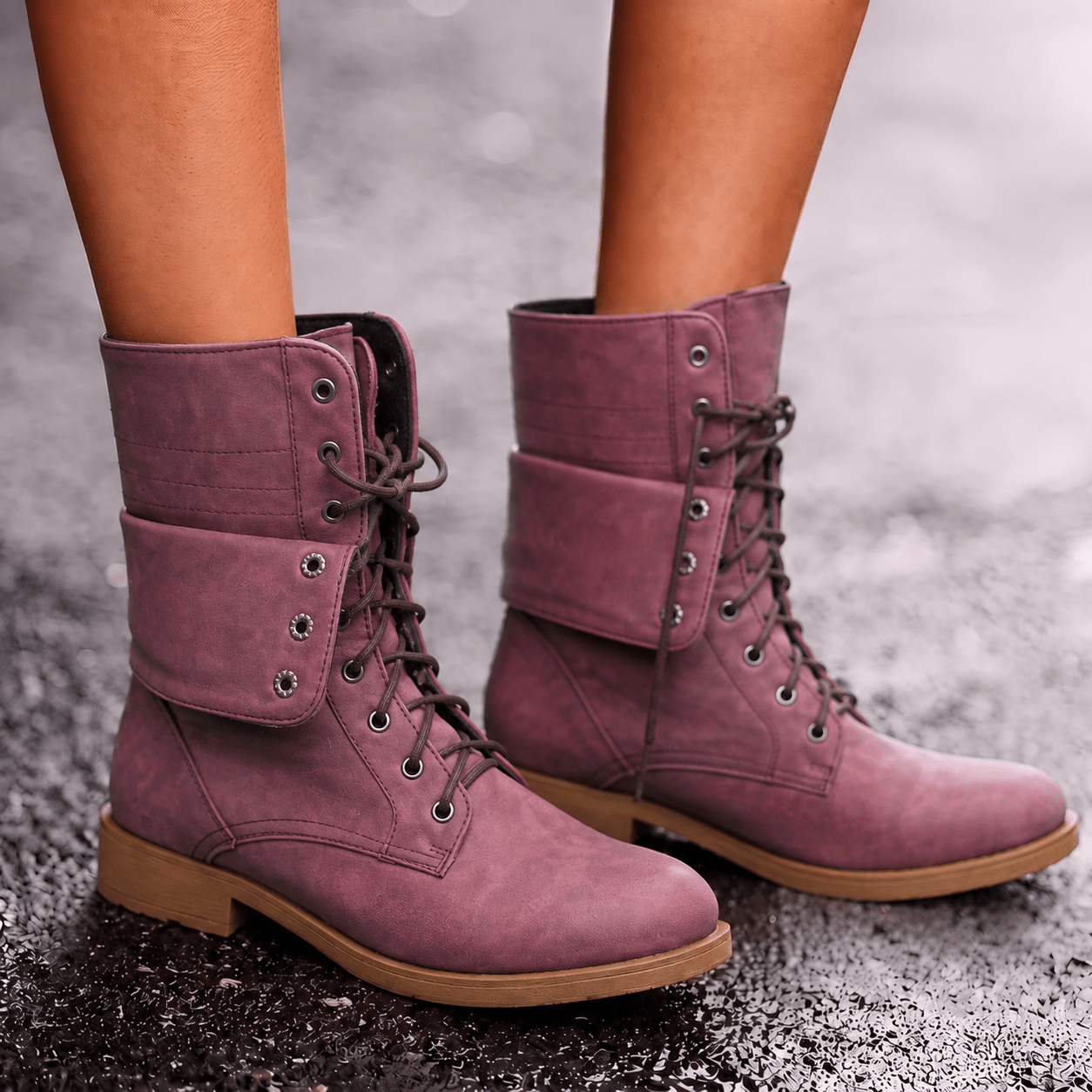 Millie - Women's Lace-Up Mid-Calf Combat Boots - Boots - Pink - Davies & Cooper