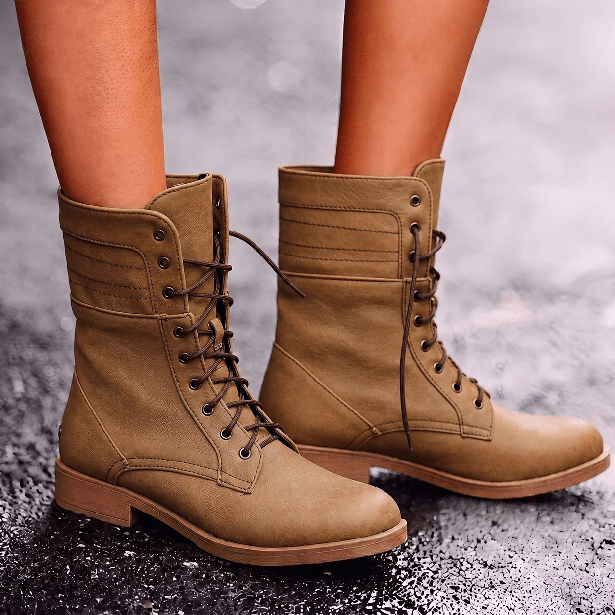 Millie - Women's Lace-Up Mid-Calf Combat Boots - Boots - Brown - Davies & Cooper