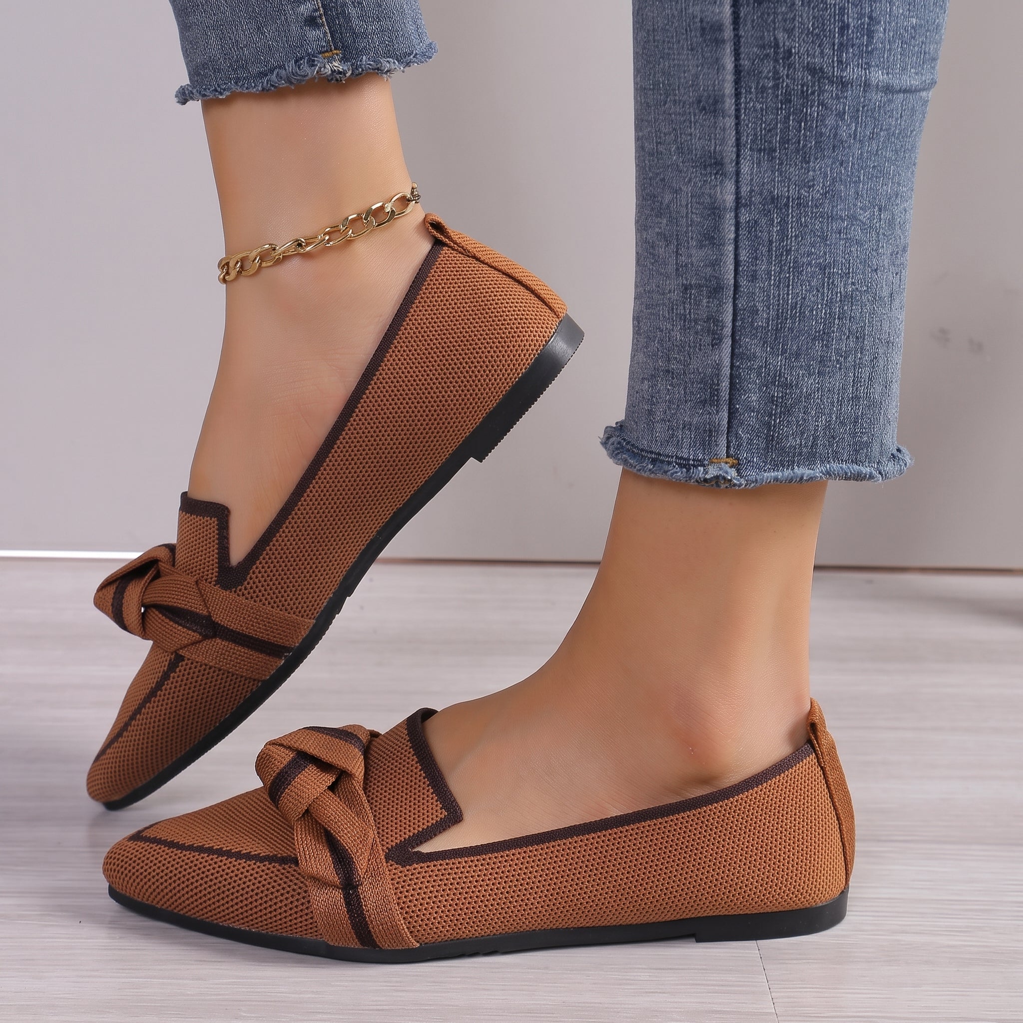 Millie - Women's Pointed Toe Loafers with Bow Detail - Loafer - Brown - Davies & Cooper