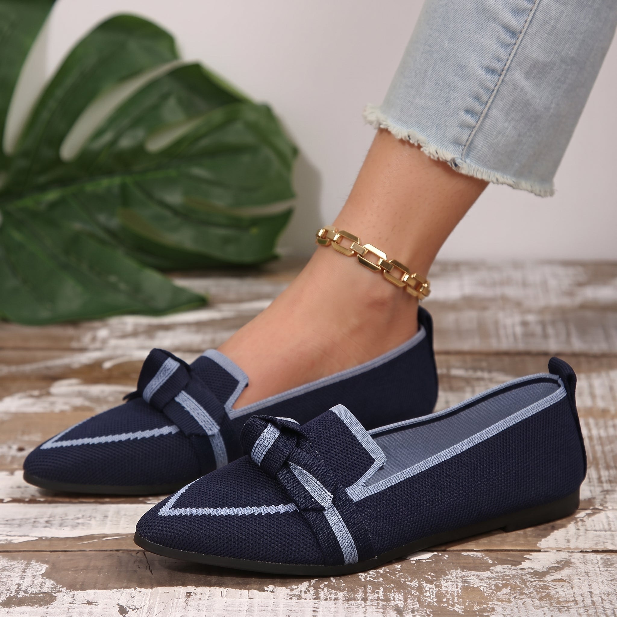 Millie - Women's Pointed Toe Loafers with Bow Detail - Loafer - Navy Blue - Davies & Cooper