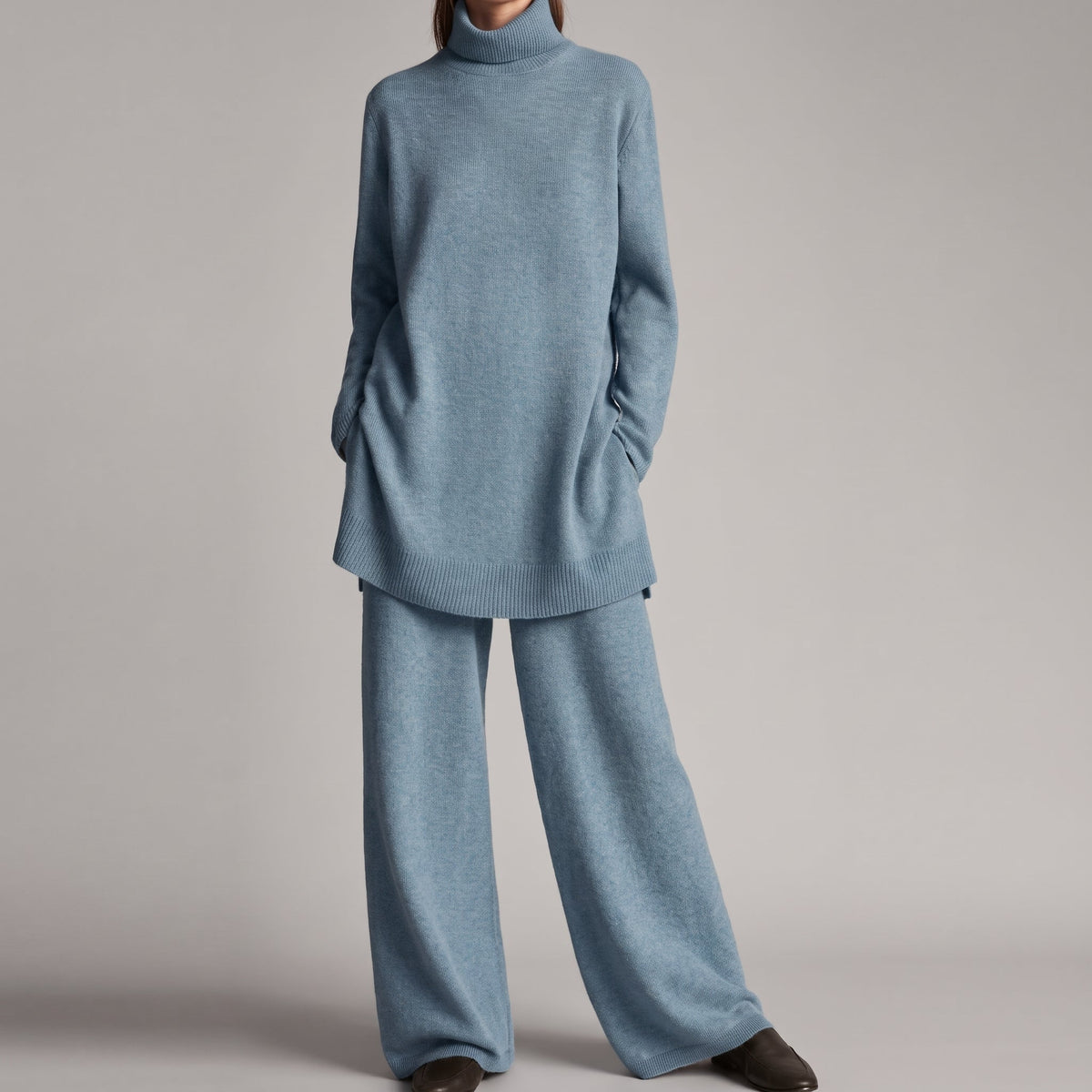 Molly – Women’s Relaxed Fit Turtleneck Knit Set with Wide-Leg Pants - Loungewear Sets - Blue - Davies & Cooper