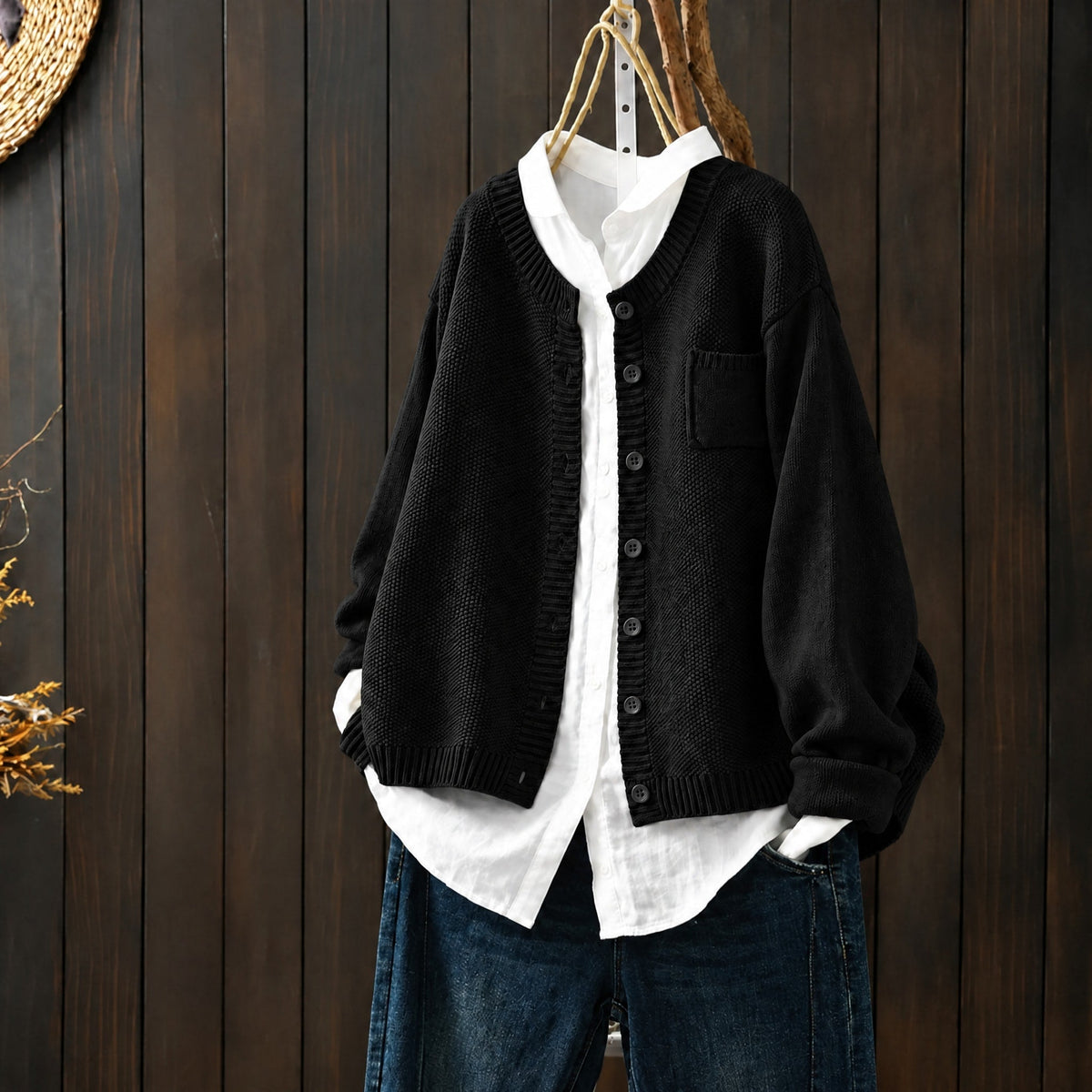 Morgan - Women's Oversized Chunky Knit Cardigan - Cardigans - Black - Davies & Cooper