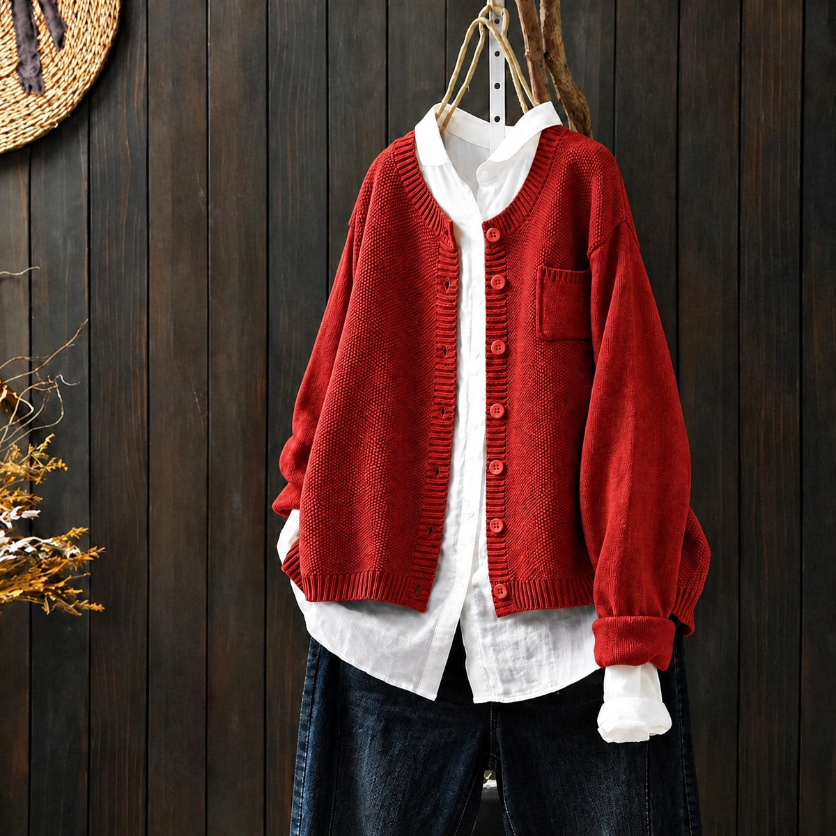 Morgan - Women's Oversized Chunky Knit Cardigan - Cardigans - Red - Davies & Cooper