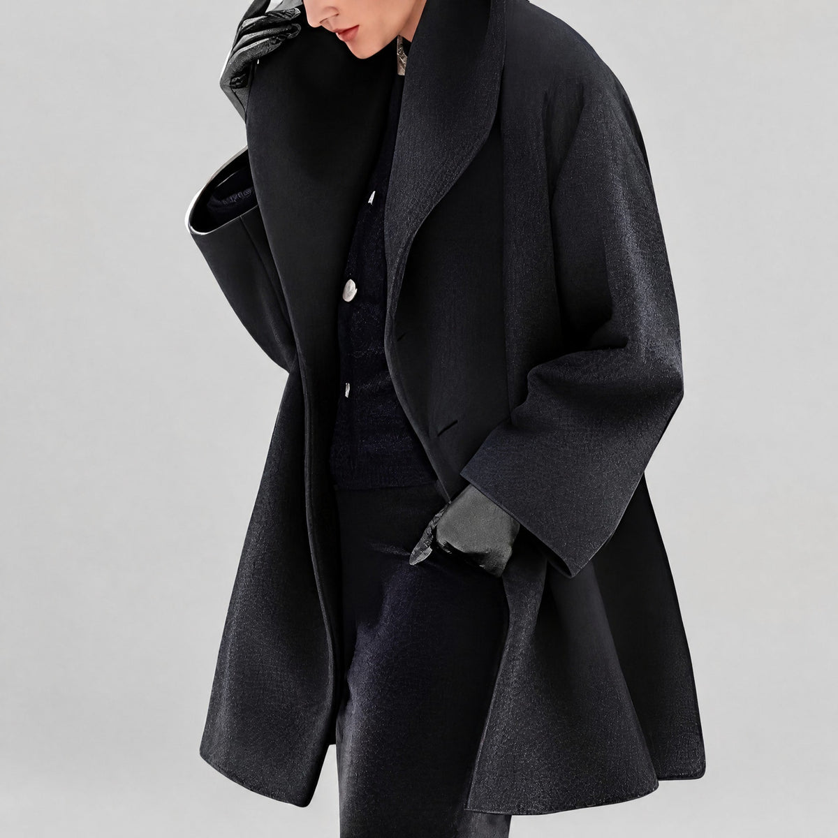 Natalia - Women's Oversized Longline Coat with Shawl Collar - Overcoats - Black - Davies & Cooper