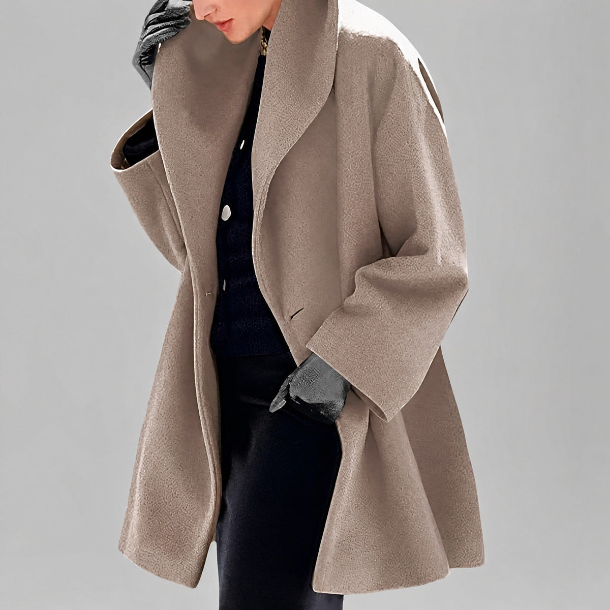 Natalia - Women's Oversized Longline Coat with Shawl Collar - Overcoats - Khaki - Davies & Cooper