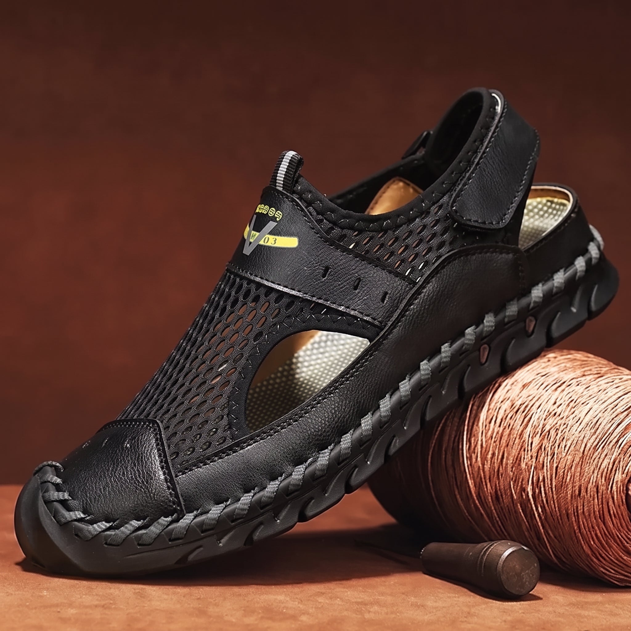 Nathan - Men's Orthopaedic Closed Toe Sandals with Velcro Strap - Sandals - Black - Davies & Cooper