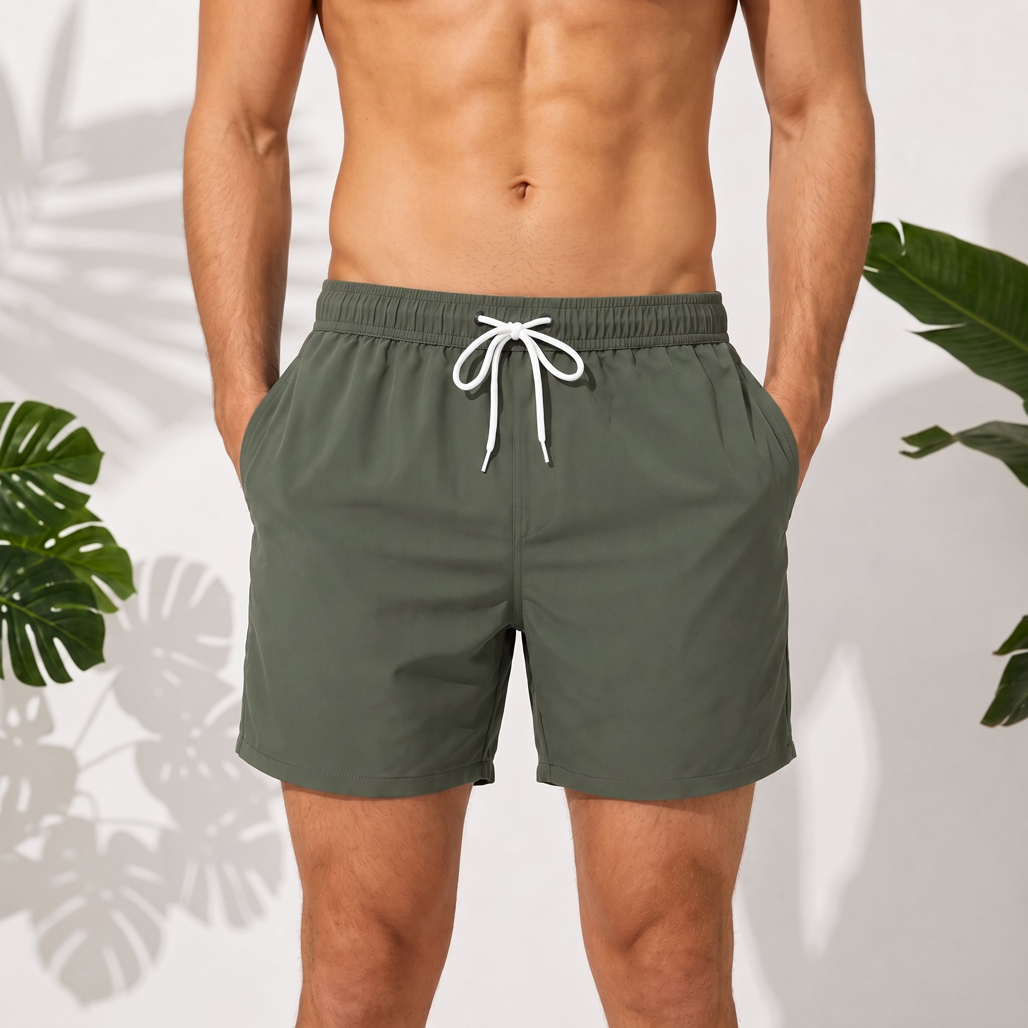 Nathan - Men's Summer Drawstring Waist Swim Shorts - Swim Shorts - Olive Green - Davies & Cooper