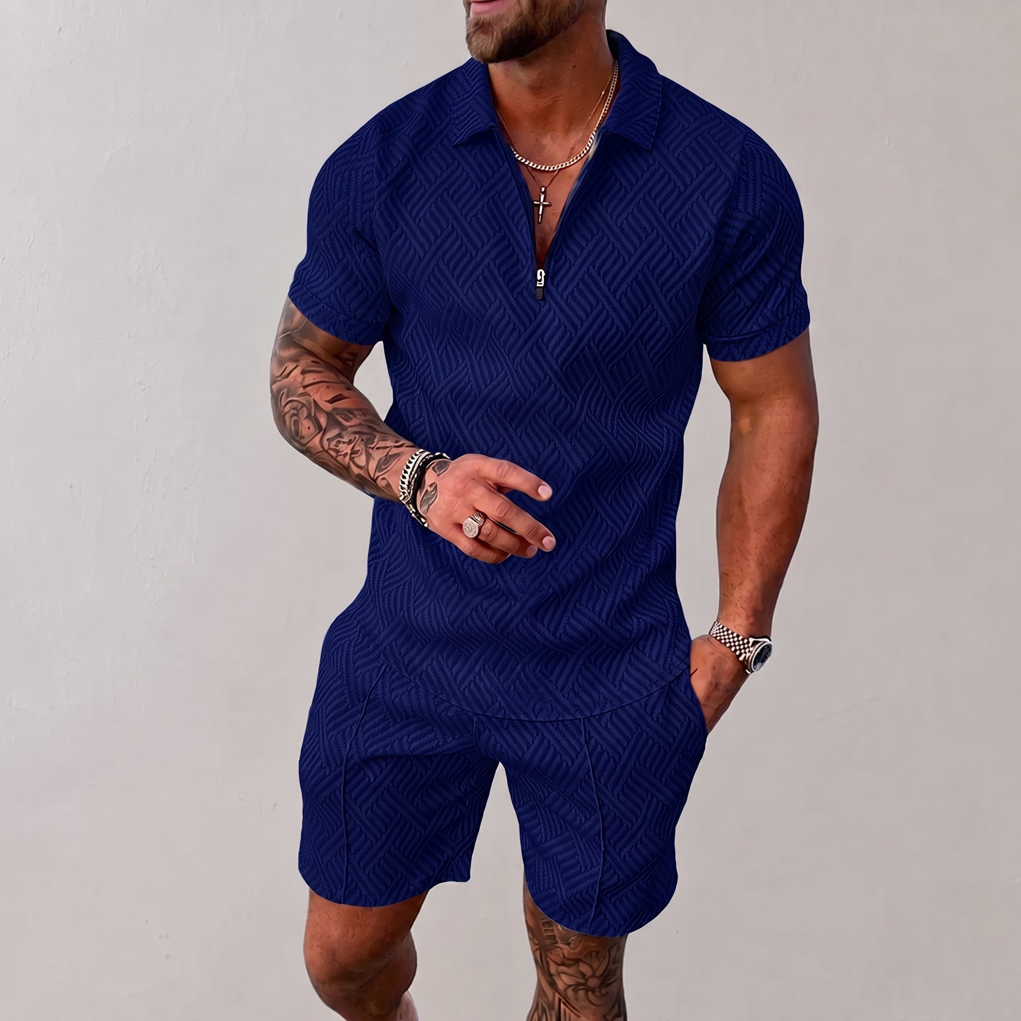 Nathan - Men's Summer Geometric Quarter-Zip Polo Co-ord Set - Outfit Sets - Navy Blue - Davies & Cooper