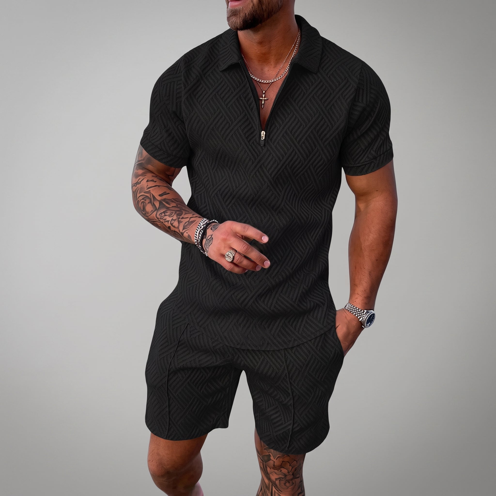 Nathan - Men's Summer Geometric Quarter-Zip Polo Co-ord Set - Outfit Sets - Black - Davies & Cooper