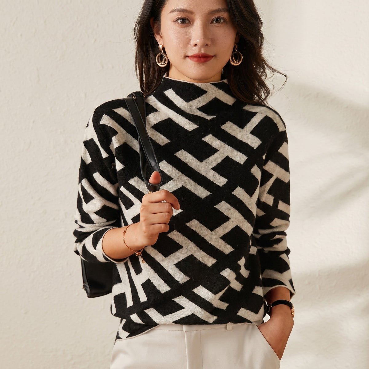 Nina - Women's Long Sleeve Geometric Print Mock Neck Jumper - Sweaters - Black - Davies & Cooper