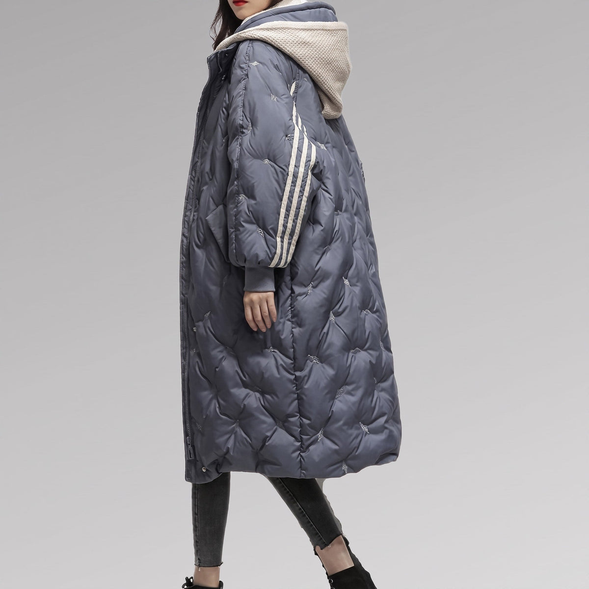 Niya - Women's Longline Hooded Puffer Coat with Striped Cuffs - Puffer Jackets - Blue - Davies & Cooper