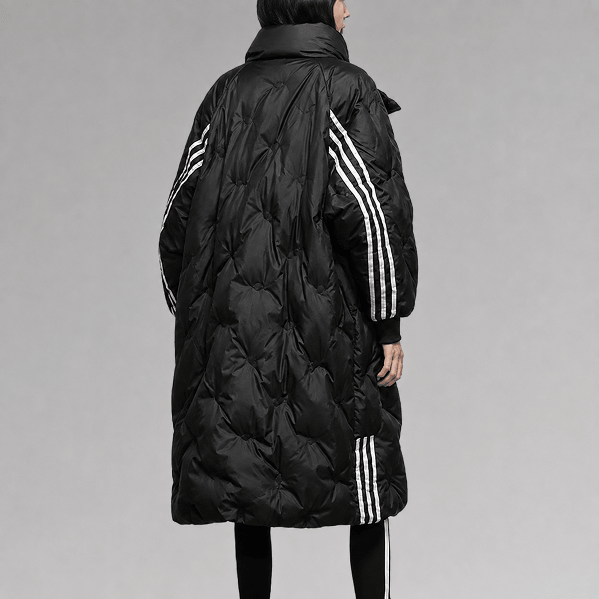 Niya - Women's Longline Hooded Puffer Coat with Striped Cuffs - Puffer Jackets - Black - Davies & Cooper