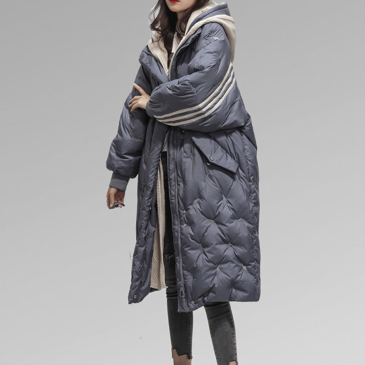 Niya - Women's Longline Hooded Puffer Coat with Striped Cuffs - Puffer Jackets - Blue - Davies & Cooper