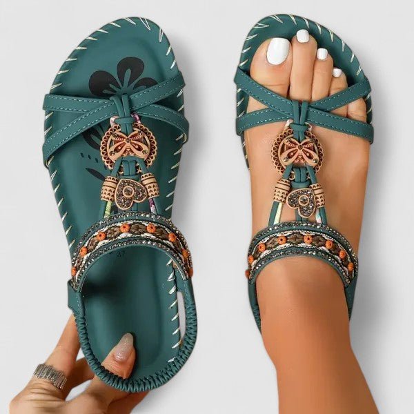 Freya - Women's Bohemian Beaded Flat Sandals with Elastic Ankle Strap
