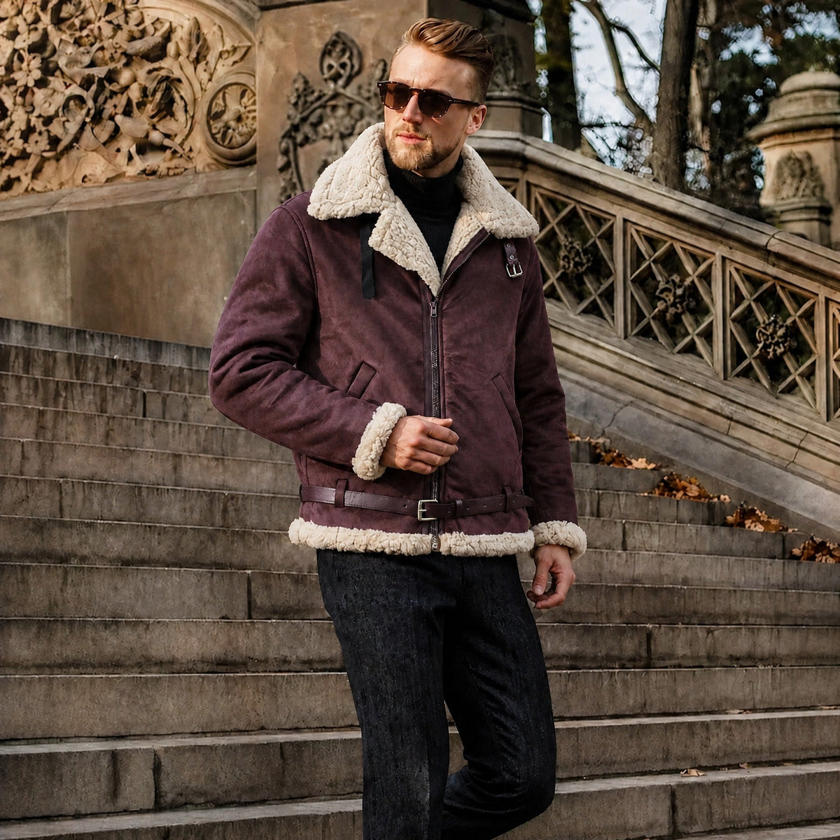Oliver - Men's Aviator Jacket with Fur Collar and Belt Strap - Bomber Jackets - Brown - Davies & Cooper