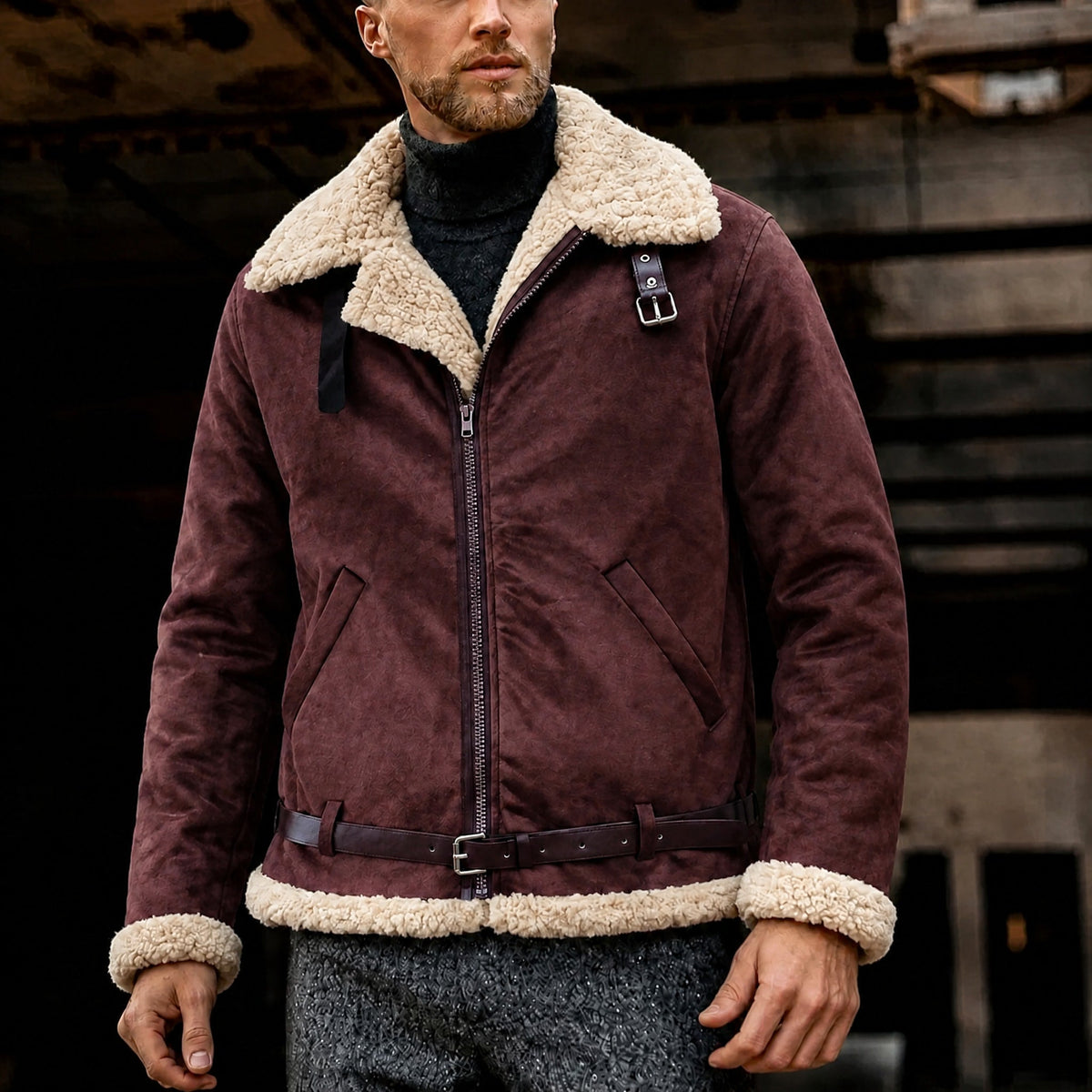 Oliver - Men's Aviator Jacket with Fur Collar and Belt Strap - Bomber Jackets - Brown - Davies & Cooper