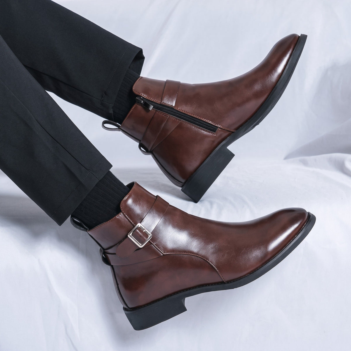 Oliver - Men's Buckle Strap Ankle Boots with Side Zip Closure - Boots - Brown - Davies & Cooper