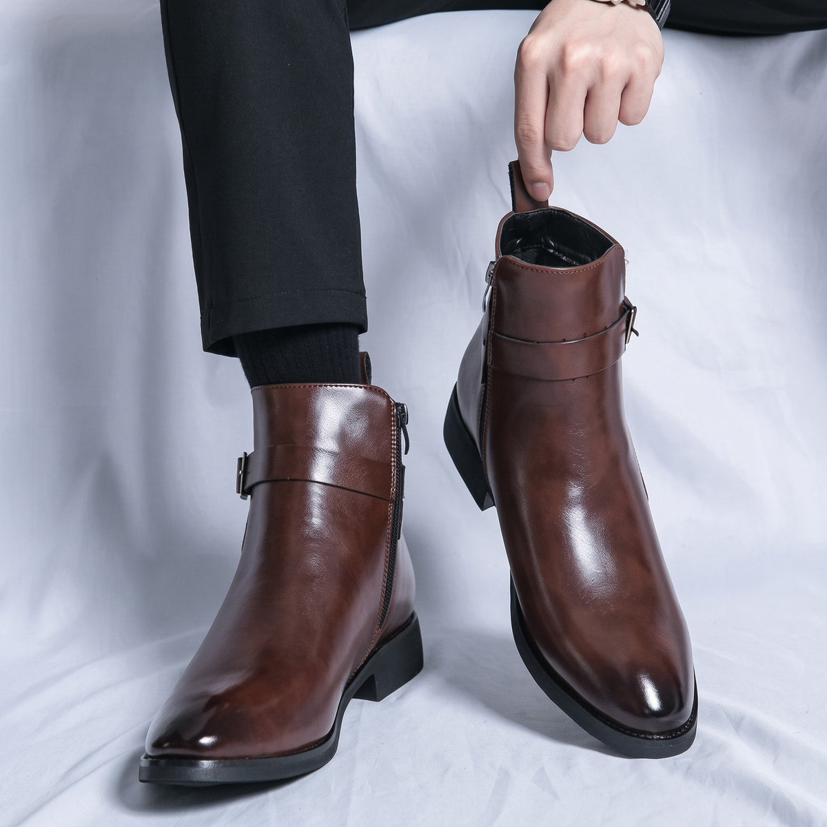 Oliver - Men's Buckle Strap Ankle Boots with Side Zip Closure - Boots - Brown - Davies & Cooper