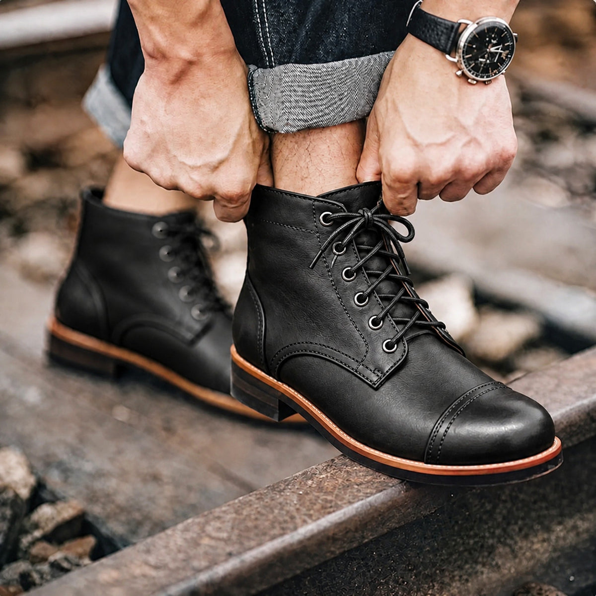 Oliver - Men's Cap Toe Lace-Up Ankle Boots with Stitch Detail - Boots - Black - Davies & Cooper