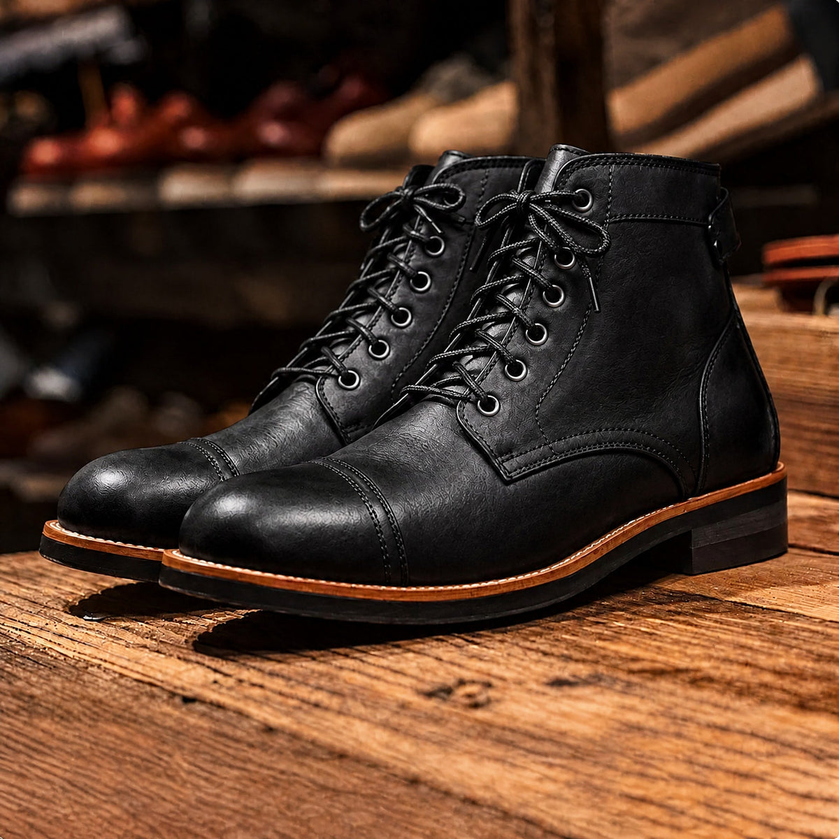 Oliver - Men's Cap Toe Lace-Up Ankle Boots with Stitch Detail - Boots - Black - Davies & Cooper