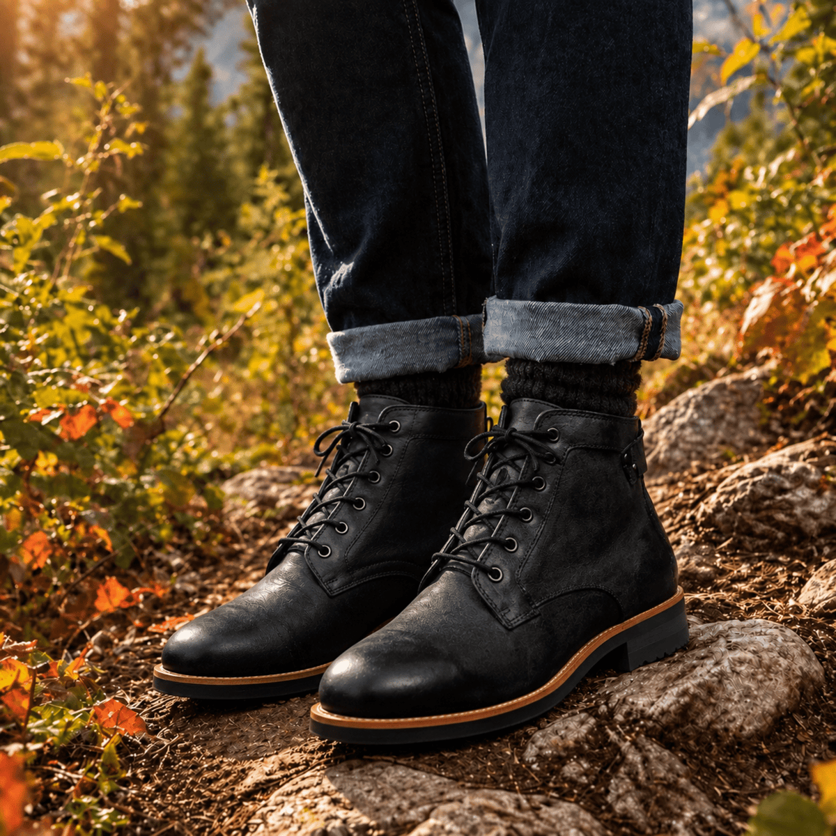 Oliver - Men's Cap Toe Lace-Up Ankle Boots with Stitch Detail - Boots - Black - Davies & Cooper