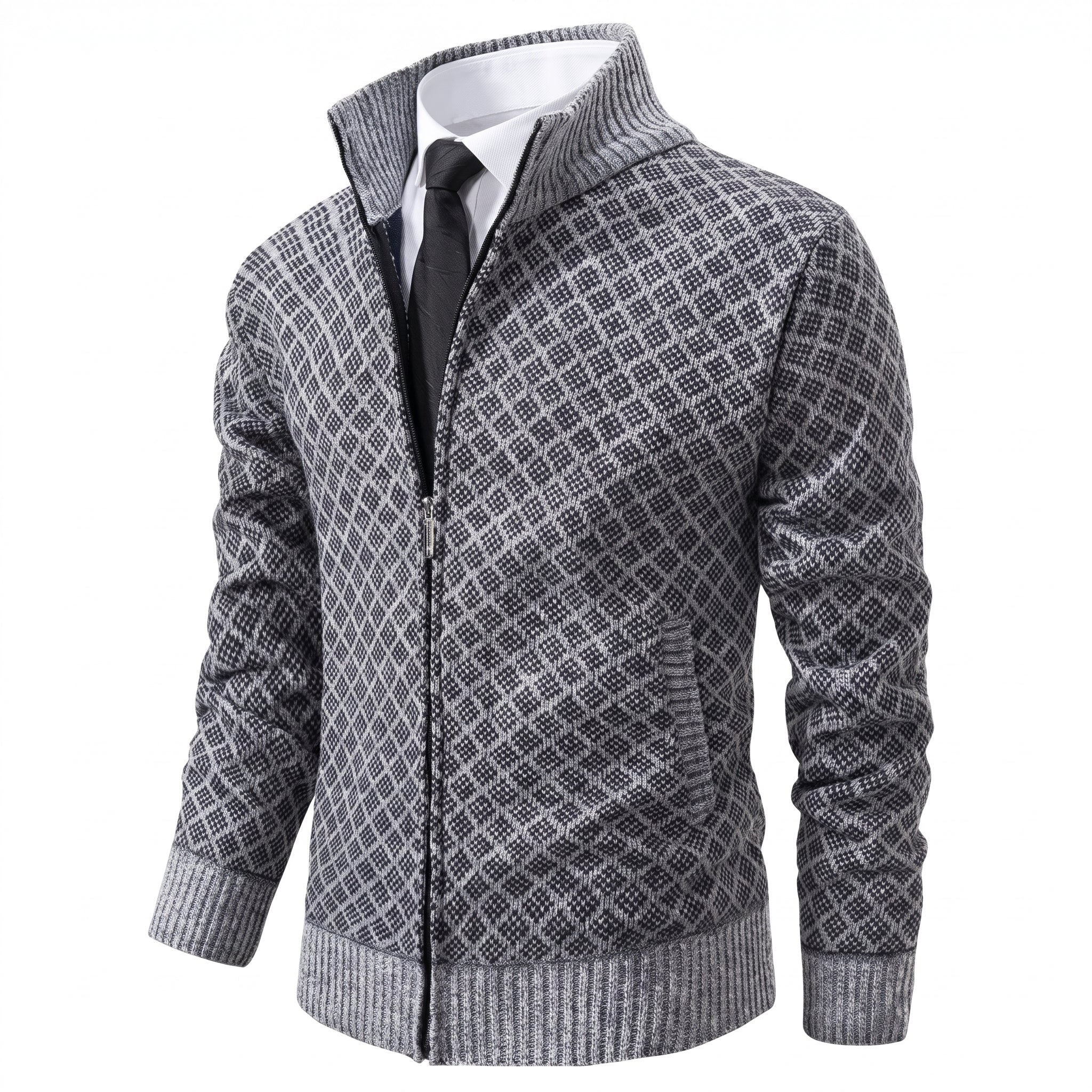 Oliver - Men's Diamond Knit Zip-Up Cardigan Jacket - Cardigans - Grey - Davies & Cooper
