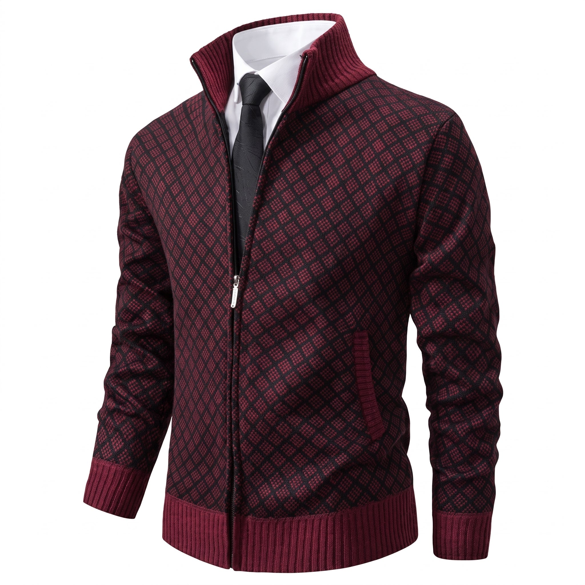 Oliver - Men's Diamond Knit Zip-Up Cardigan Jacket - Cardigans - Burgundy - Davies & Cooper