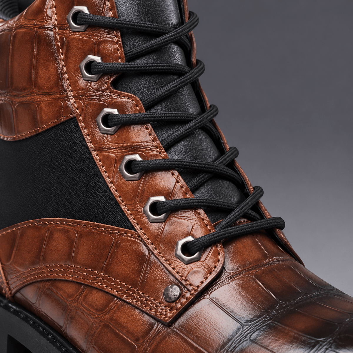 Oliver - Men's Embossed Lace-Up Ankle Boots with Croc Texture - Boots - Brown - Davies & Cooper