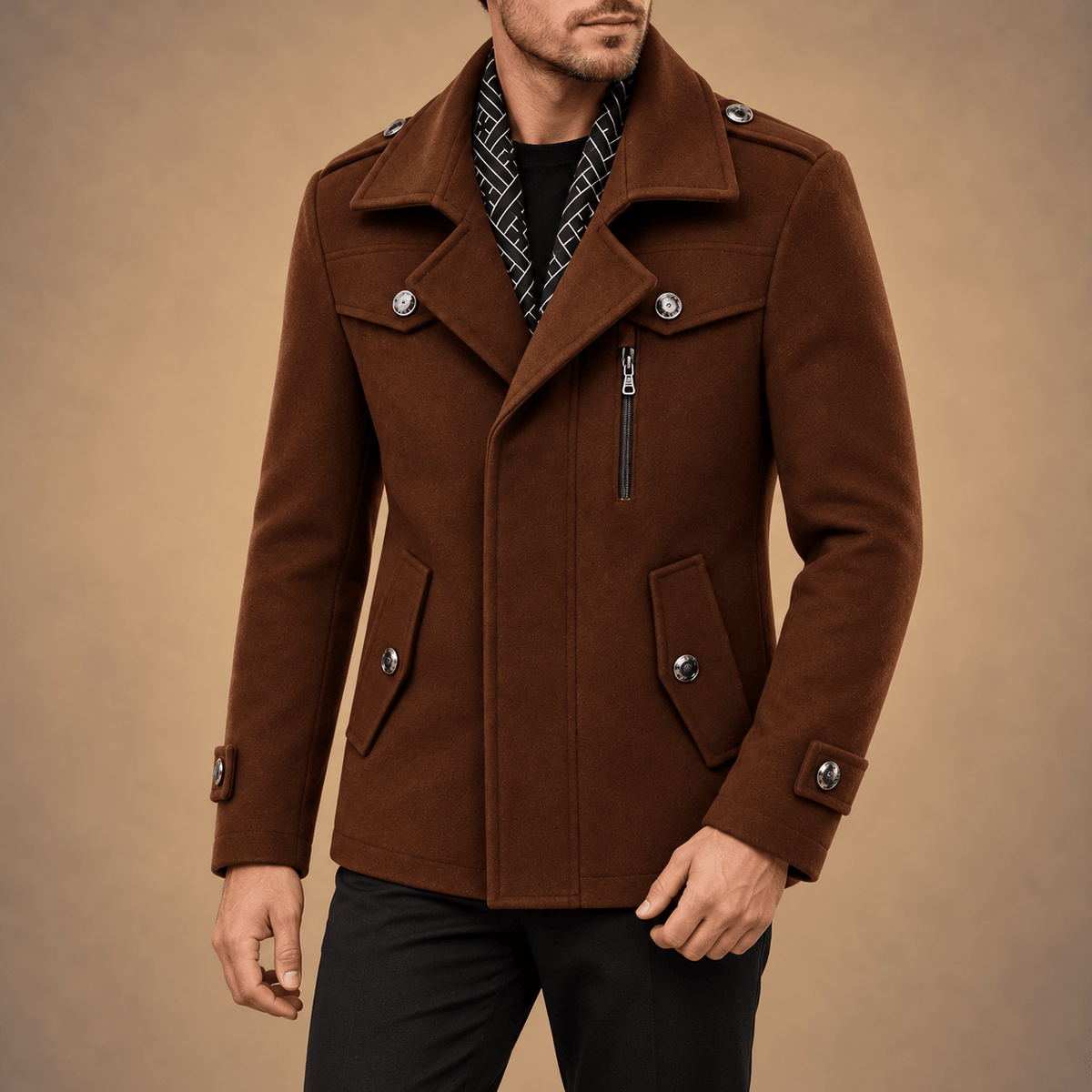 Oliver - Men's Field-Style Overcoat with Epaulette Straps and Zip Chest Pocket - Overcoats - Dark Brown - Davies & Cooper