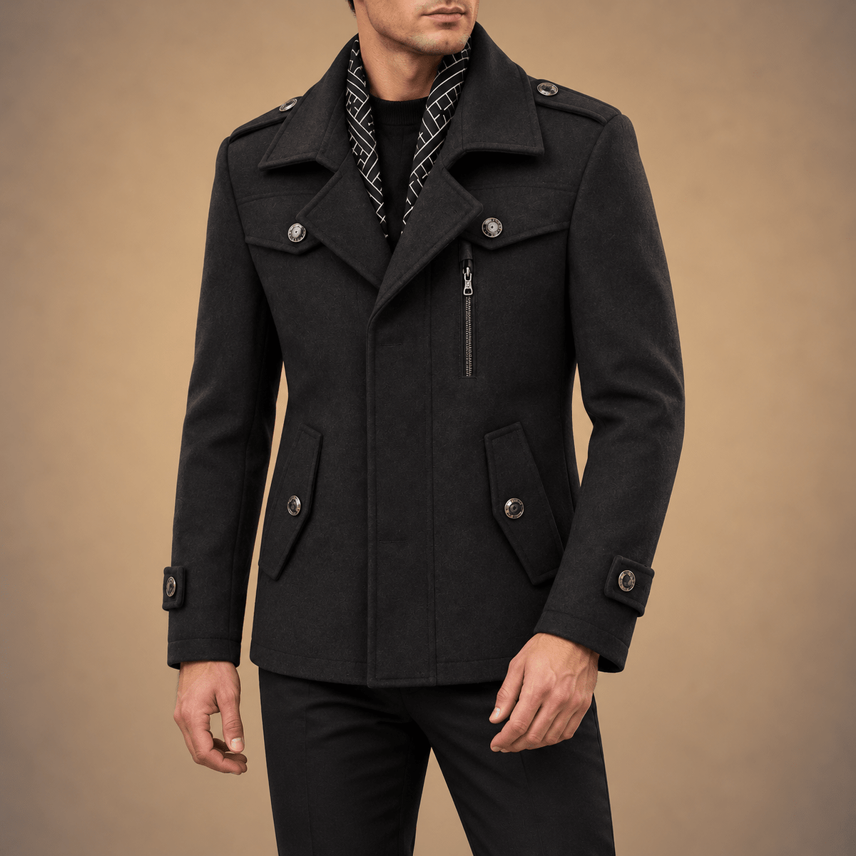 Oliver - Men's Field-Style Overcoat with Epaulette Straps and Zip Chest Pocket - Overcoats - Grey - Davies & Cooper