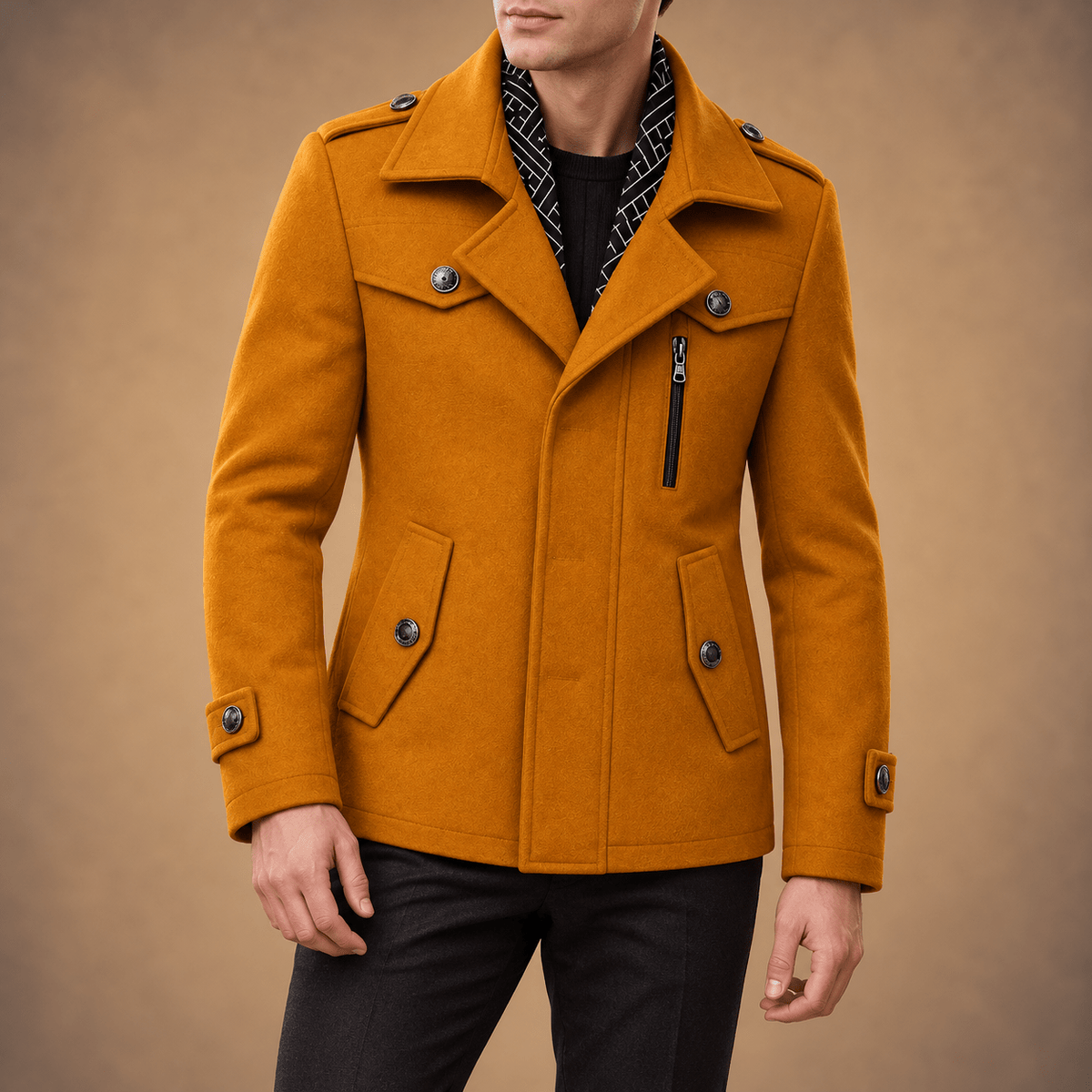Oliver - Men's Field-Style Overcoat with Epaulette Straps and Zip Chest Pocket - Overcoats - Yellow Brown - Davies & Cooper