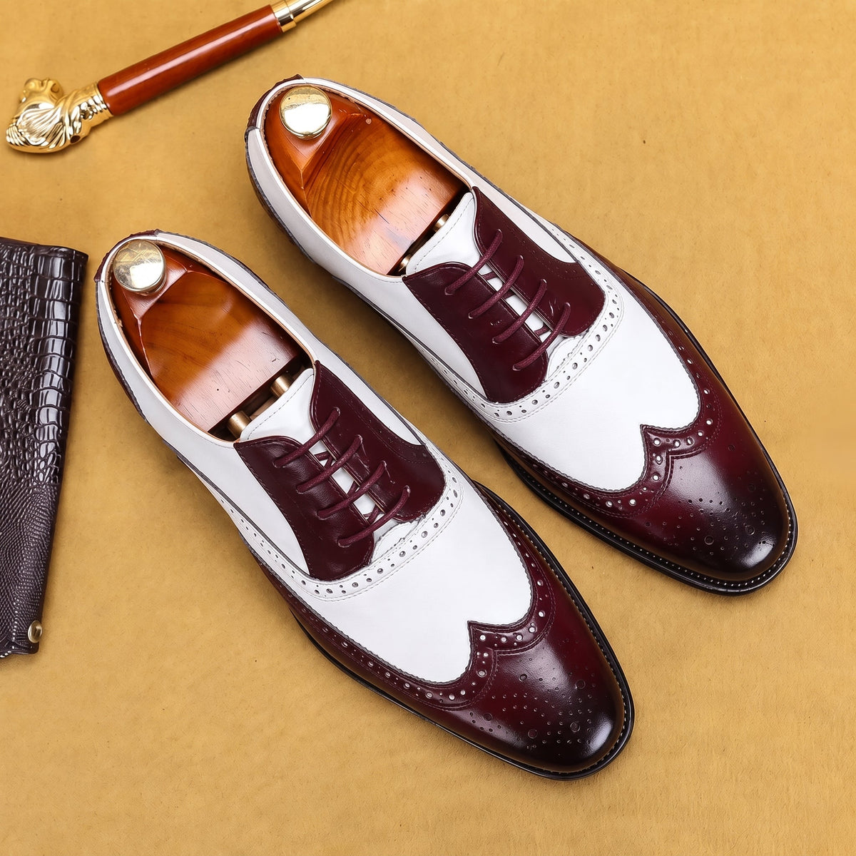 Oliver - Men's Formal Wingtip Brogue Wedding Derby Shoes - Shoes - Red - Davies & Cooper