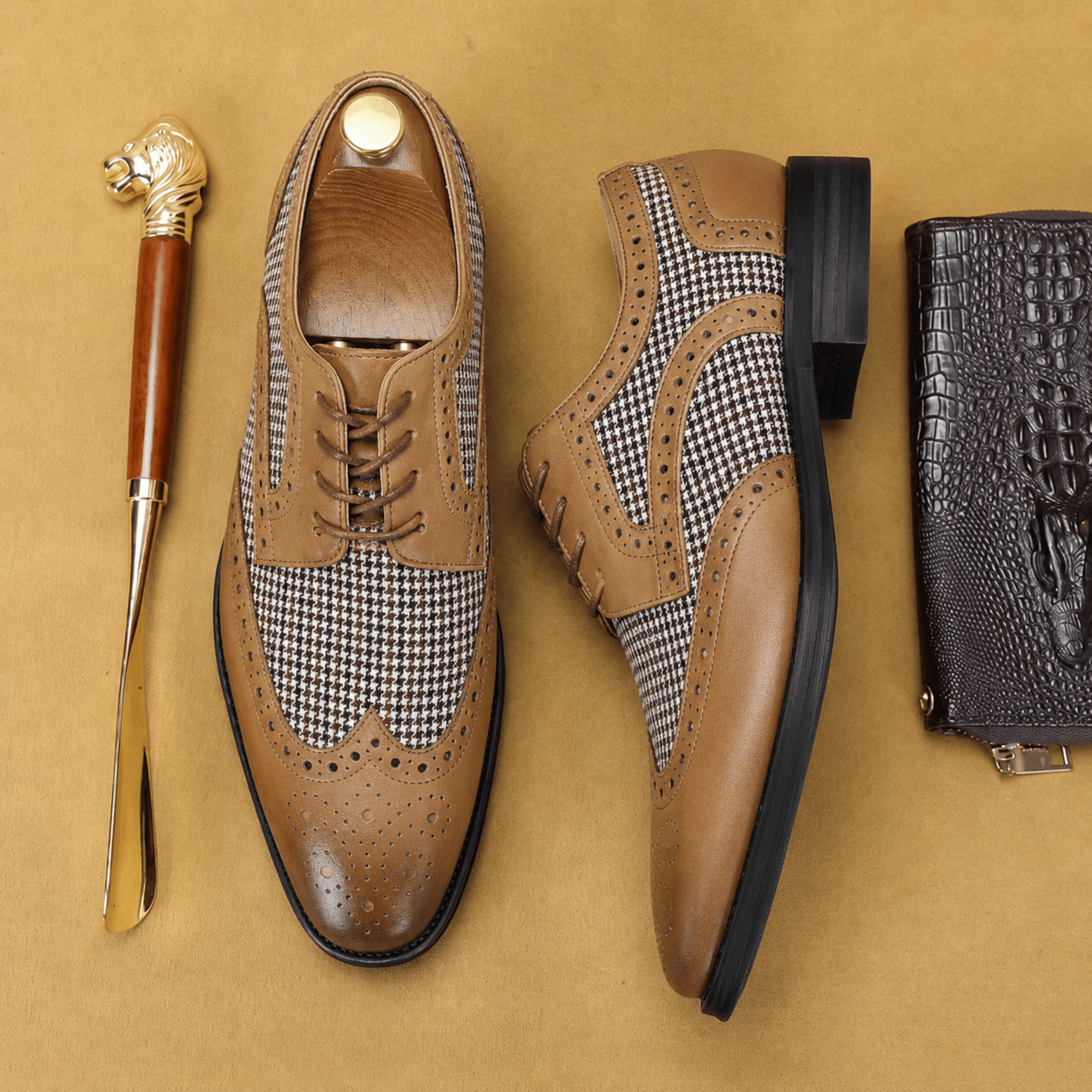 Oliver - Men's Formal Wingtip Brogue Wedding Derby Shoes - Shoes - Camel - Davies & Cooper