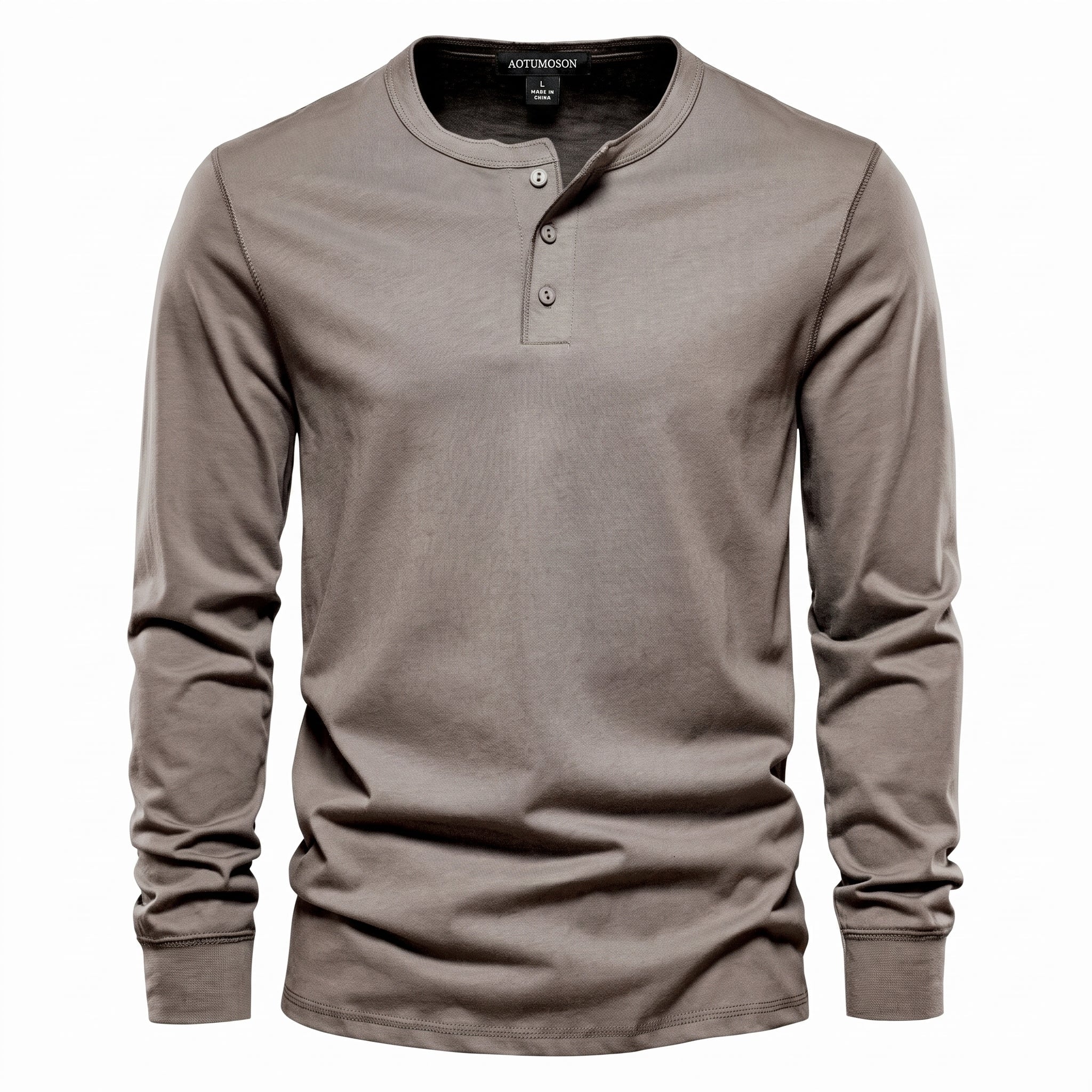 Oliver - Men's Henley Long Sleeve T-Shirt with Button Placket - Henley Shirts - Beige - Davies & Cooper