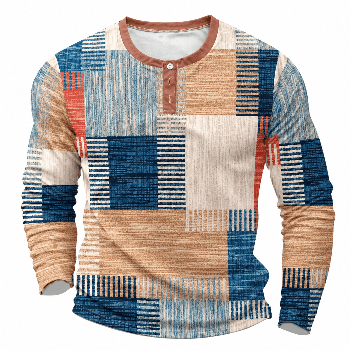 Oliver - Men's Henley Patchwork T-Shirt with Button Placket and Long Sleeves - Henley Shirts - Orange - Davies & Cooper