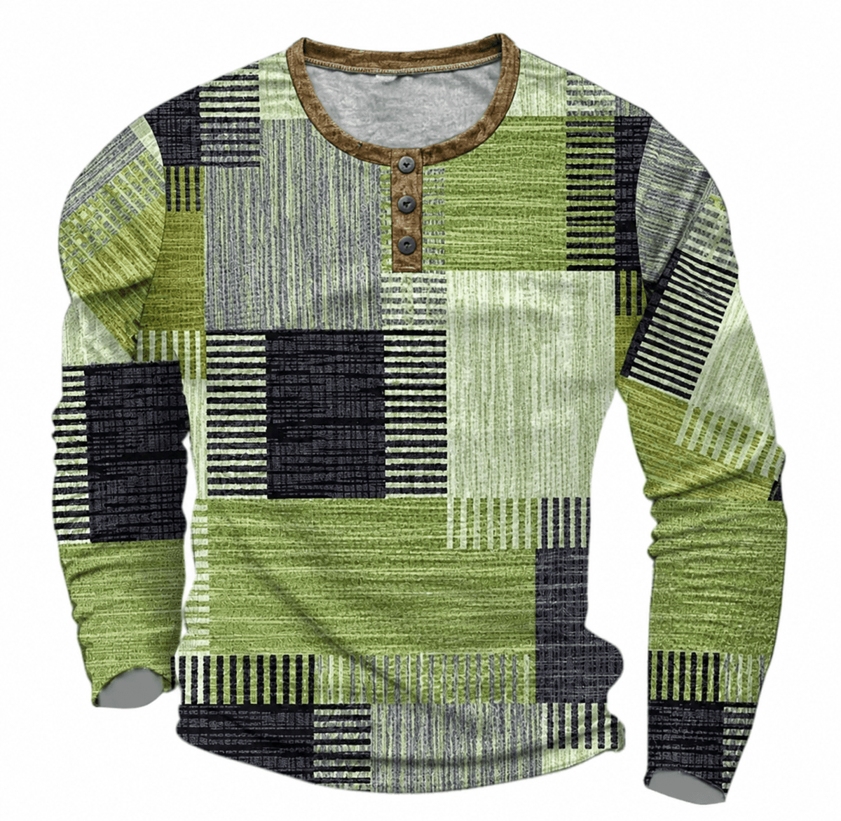 Oliver - Men's Henley Patchwork T-Shirt with Button Placket and Long Sleeves - Henley Shirts - Green - Davies & Cooper