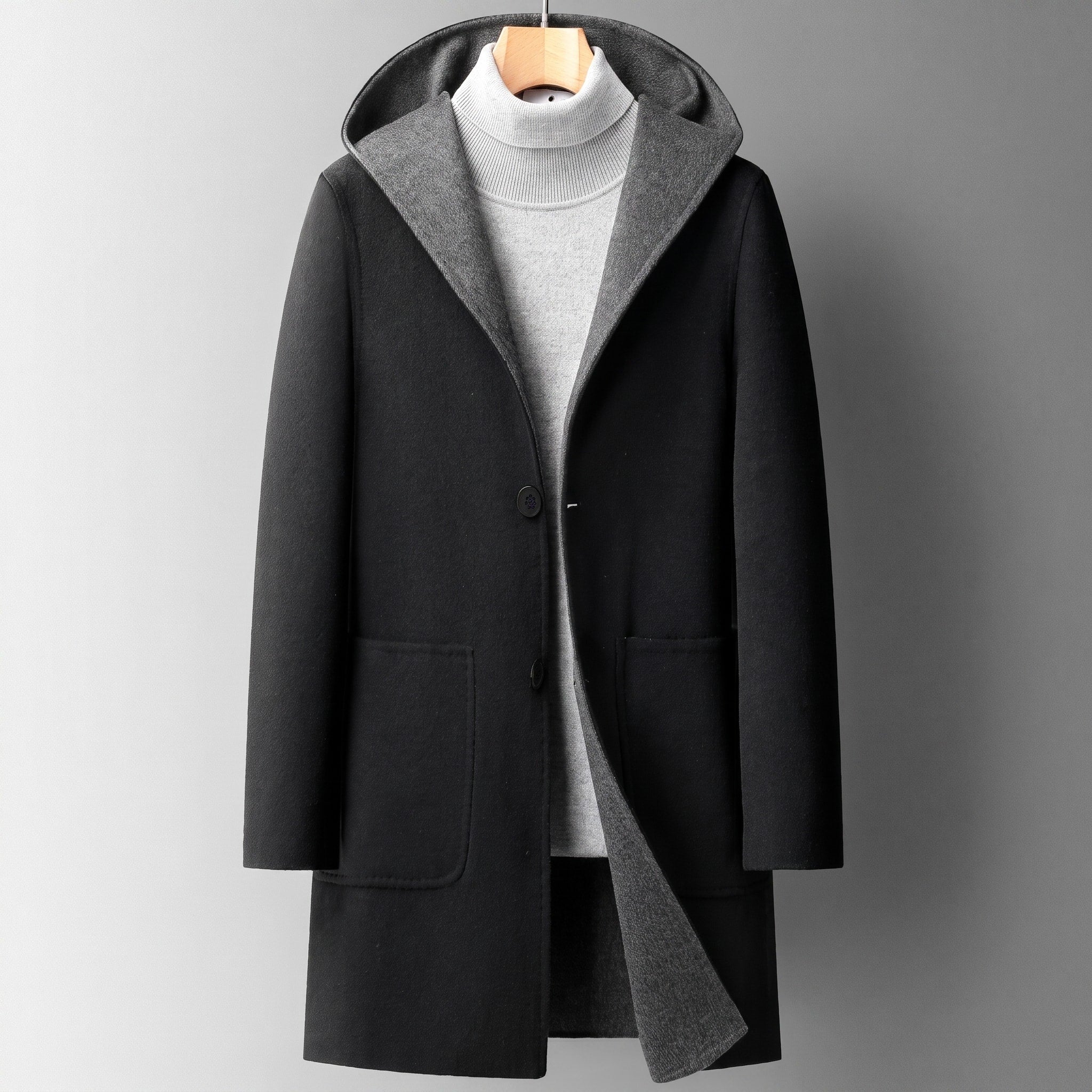 Oliver - Men's Hooded Longline Overcoat with Contrast Lining - Overcoats - Black - Davies & Cooper