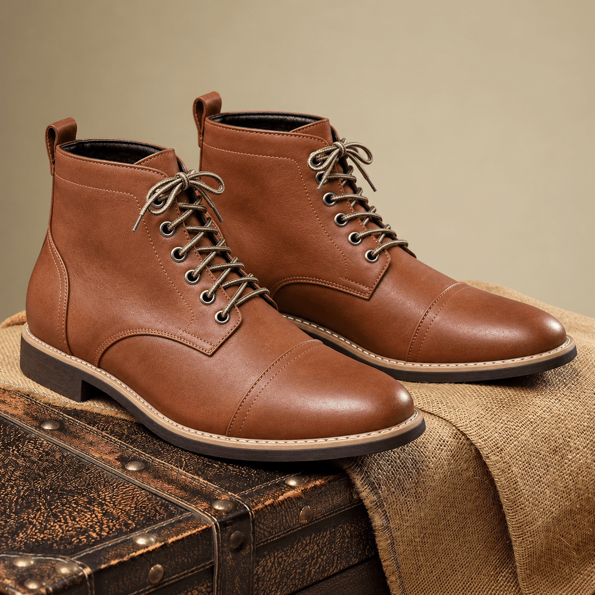 Oliver - Men's Lace-Up Ankle Boots with Cap Toe - Boots - Brown - Davies & Cooper